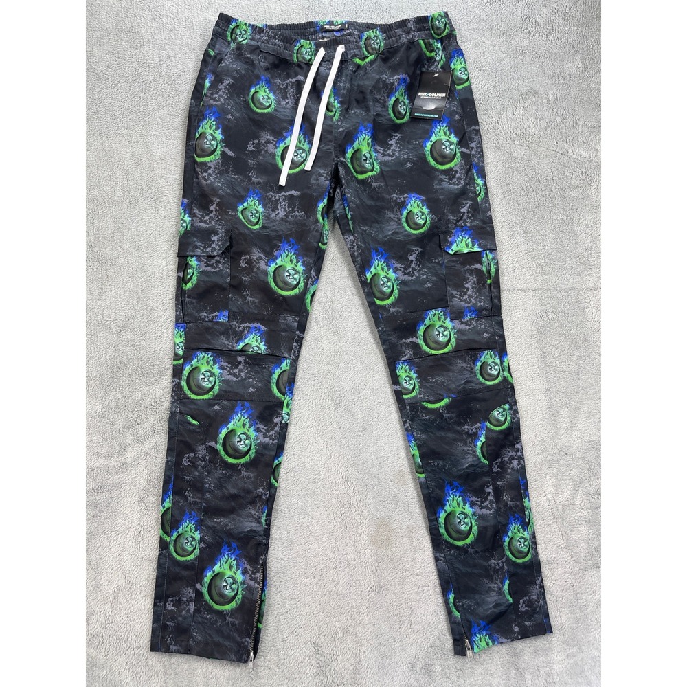 Pink Dolphin Cargo Pants Mens L Black Green Blue Flaming Orb Print Streetwear